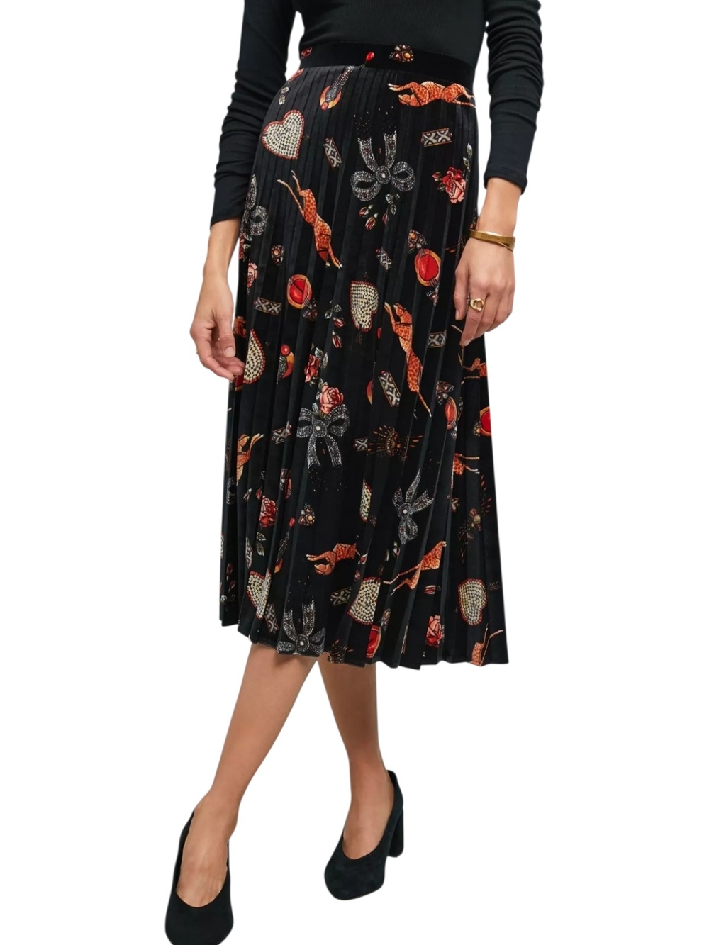 Anthropologie Pleated Velvet Print Midi Skirt